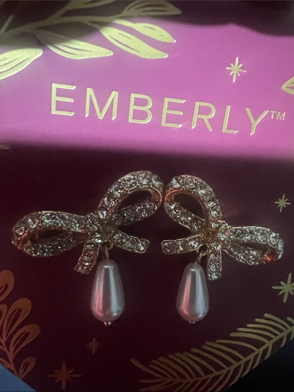 Gold Crystal Bow Earrings with Pink Teardrop Pearls